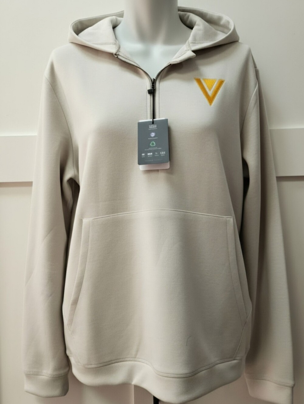 Fossa Men's Half-Zip Hoodie in Light Beige with Gold V Emblem